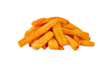 Crispy golden fries piled high on a white background ready to be enjoyed