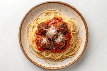 Delicious Meatballs with Parmesan on Rustic Plate Surrounded by Tomato Sauce and Spaghetti