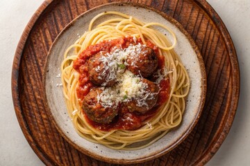 Rustic Meatballs with Parmesan on a Bed of Spaghetti in Tomato Sauce on Wooden Plate