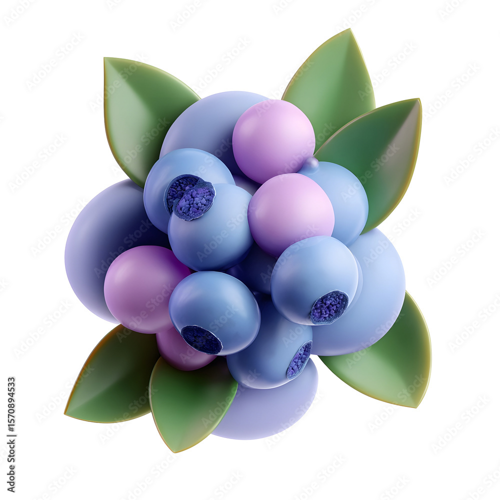 Aufkleber A digital depicting a cluster of plump pastel colored blueberries surrounded by smooth green leaves in a minimalist clay style icon arrangement against a clean white background