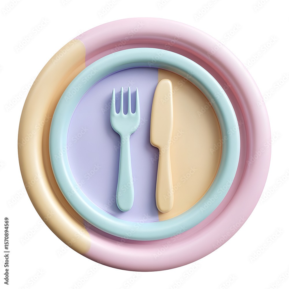 Aufkleber A 3D rendered image of a pastel colored plate with a stylized minimal fork and knife in a clean centered composition on a white background