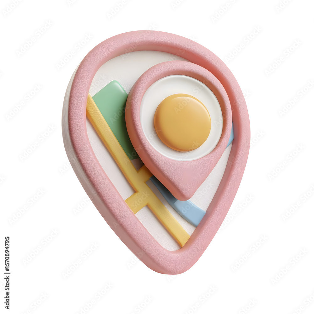 Aufkleber A minimalist 3D clay style icon depicting a map navigation symbol with a food pin in a soft pastel color palette and smooth cute design