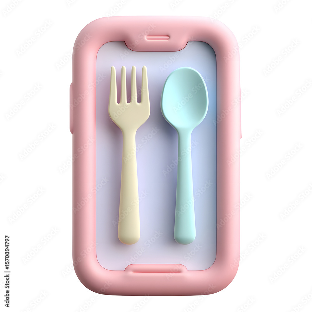 Aufkleber A digital 3D icon depicting a smartphone screen with a pastel colored minimalist design featuring a fork and spoon in a soft smooth texture against a white background