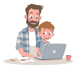 Happy Father and Son Bonding over Laptop in Fun Cartoon Style Illustration