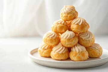 Pyramid Arrangement of Cream-filled Puffs on a Ceramic Plate with Soft Background