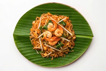 Delicious Kuey Teow Served on Banana Leaf with Prawns and Bean Sprouts