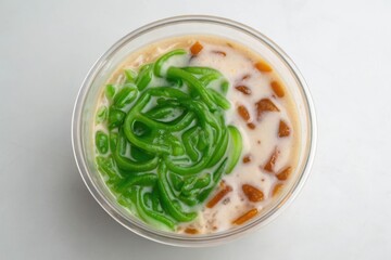Refreshing Dessert in Clear Glass Bowl with Gula Melaka and Coconut Milk Overhead View