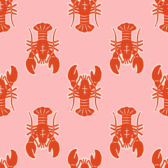Seamless vector pattern with abstract lobster illustration. Hand drawn seafood on pink background. Mediterranean summer print for wallpaper, wrapping paper, textile design