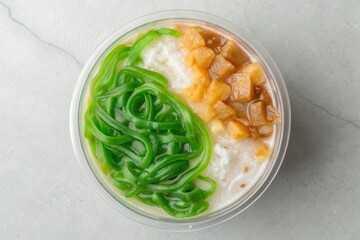 Delightful Dessert in Clear Glass Bowl with Gula Melaka and Coconut Milk Overhead Shot