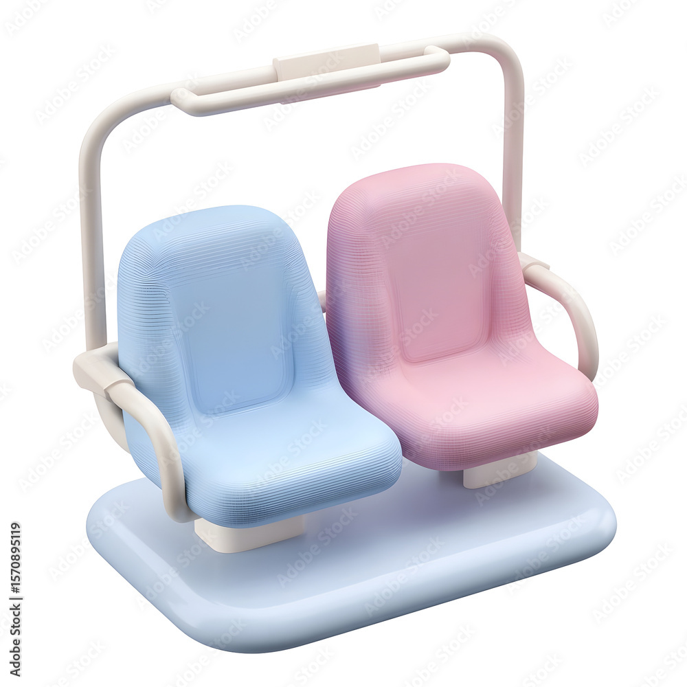 Aufkleber A 3D rendered icon of a ski lift chair with two seats in a soft pastel color palette and a simple minimal design centered on a white background