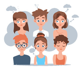 Vector Cartoon Style Characters with Thought Bubbles and Diverse Expressions