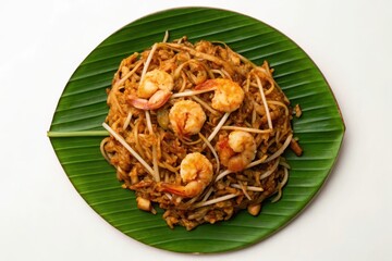A Delicious Plate of Kuey Teow with Prawns and Bean Sprouts on Banana Leaf