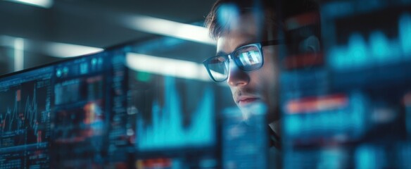 The focused analyst interpreting data on multiple glowing screens in a modern office