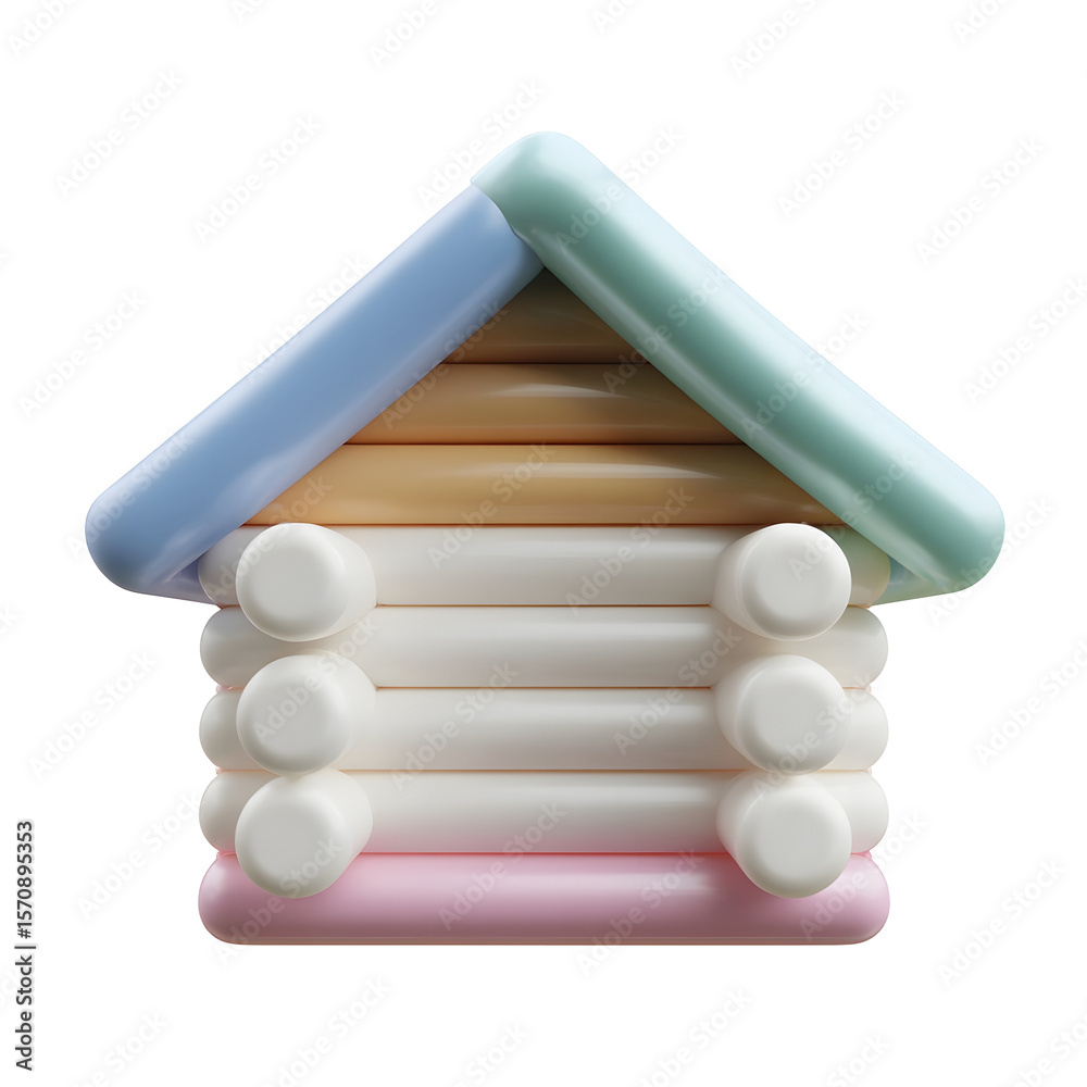 Aufkleber Whimsical 3D of a small wooden log cabin house in a soft pastel color palette with a smooth minimalist design