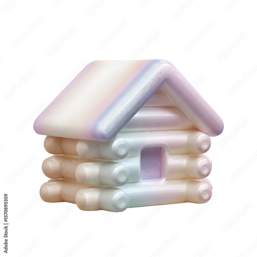 Aufkleber Minimalist 3D render of a pastel colored clay textured cabin house icon with a soft smooth surface and a centered geometric design on a clean white background
