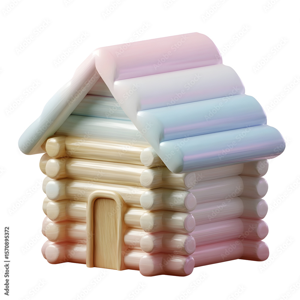 Aufkleber A 3D clay style icon of a wooden log cabin house with a pastel color palette soft and smooth surface texture and a cute minimalist design centered on a white background without shadows