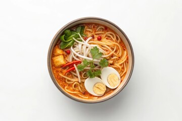 Ceramic Bowl of Noodles with Neatly Arranged Toppings in a Flat Lay Presentation