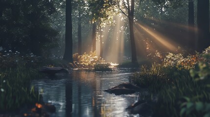Beautiful morning in the forest with sunlight