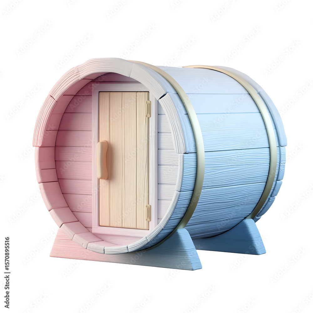 Aufkleber A 3D clay style icon depicting a pastel colored barrel sauna cabin with a smooth minimalist design centered on a white background with no shadows