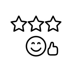 Customer Satisfaction Icon with Three Stars, Smiley Face, and Thumbs Up – Black Line Art Symbol Representing Positive Review, Good Rating, and Excellent User Experience

