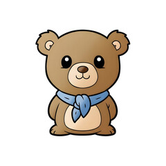 Cute brown teddy bear cartoon illustration wearing a blue scarf, standing on transparent background. Childish design for kid card.