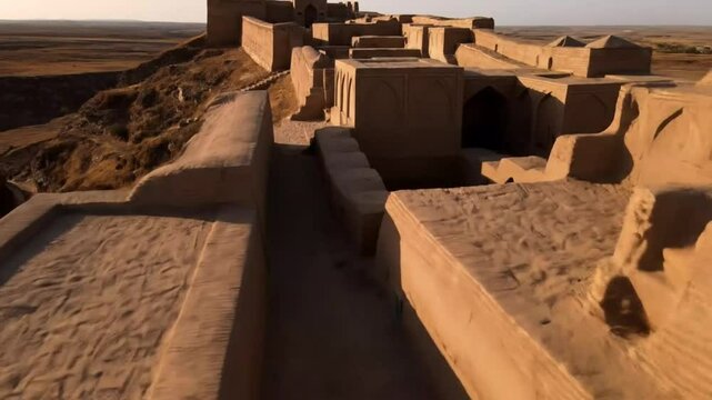 An aerial perspective captures the ancient ziggurat ruins, highlighting its historical architecture and the arid desert landscape surrounding the site