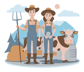 Happy Farmers in Cartoon Style with Cow and Mountain Background