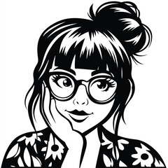 Beautiful woman with glasses in floral dress rests face in monochrome artwork
