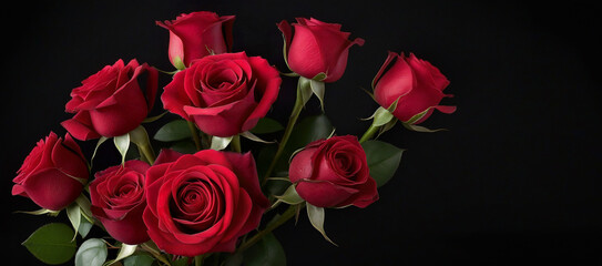 Obraz premium bouquet of red roses on black background with space for text