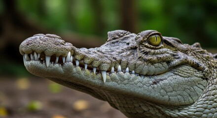 Obraz premium Close-up of a Nile crocodile showing textured skin, sharp teeth, and intense eyes. Powerful African predator in its natural habitat near freshwater rivers.