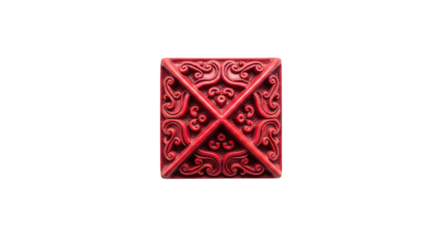 Red square decorative relief with intricate carved pattern. Traditional ceramic ornament element on transparent background. Asian interior design mosaic symbol.