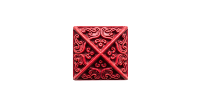 Red square decorative relief with intricate carved pattern. Traditional ceramic ornament element on transparent background. Asian interior design mosaic symbol. - Powered by Adobe