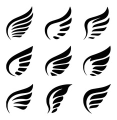 Collection of elegant black and white wing icons in different styles