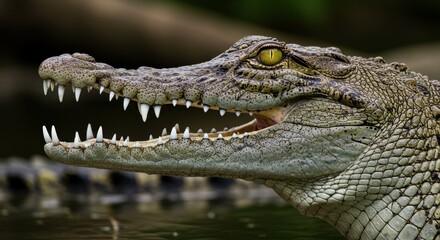 Obraz premium Close-up of a Nile crocodile showing textured skin, sharp teeth, and intense eyes. Powerful African predator in its natural habitat near freshwater rivers.