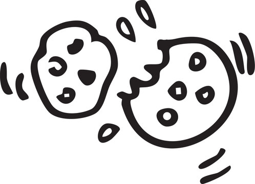 Hand drawn cookies. Two cookies collide, one is being bitten. Fun and delicious dessert illustration.