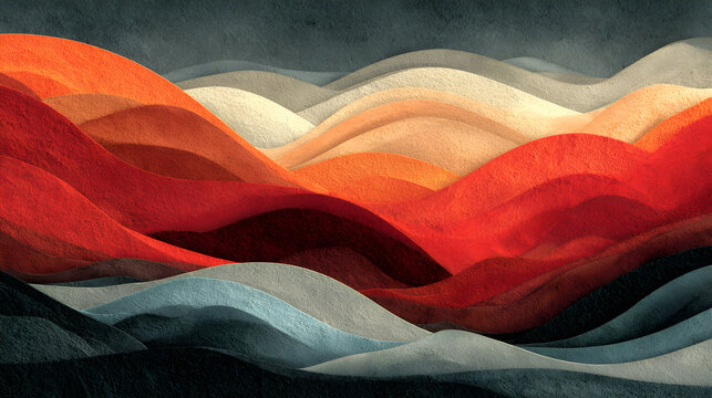 Abstract layered wave patterns in bold hues of red, orange, black, and grey creating visual dynamism