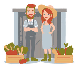 Cheerful Farmers with Fresh Vegetables in Cartoon Style Vector Illustration