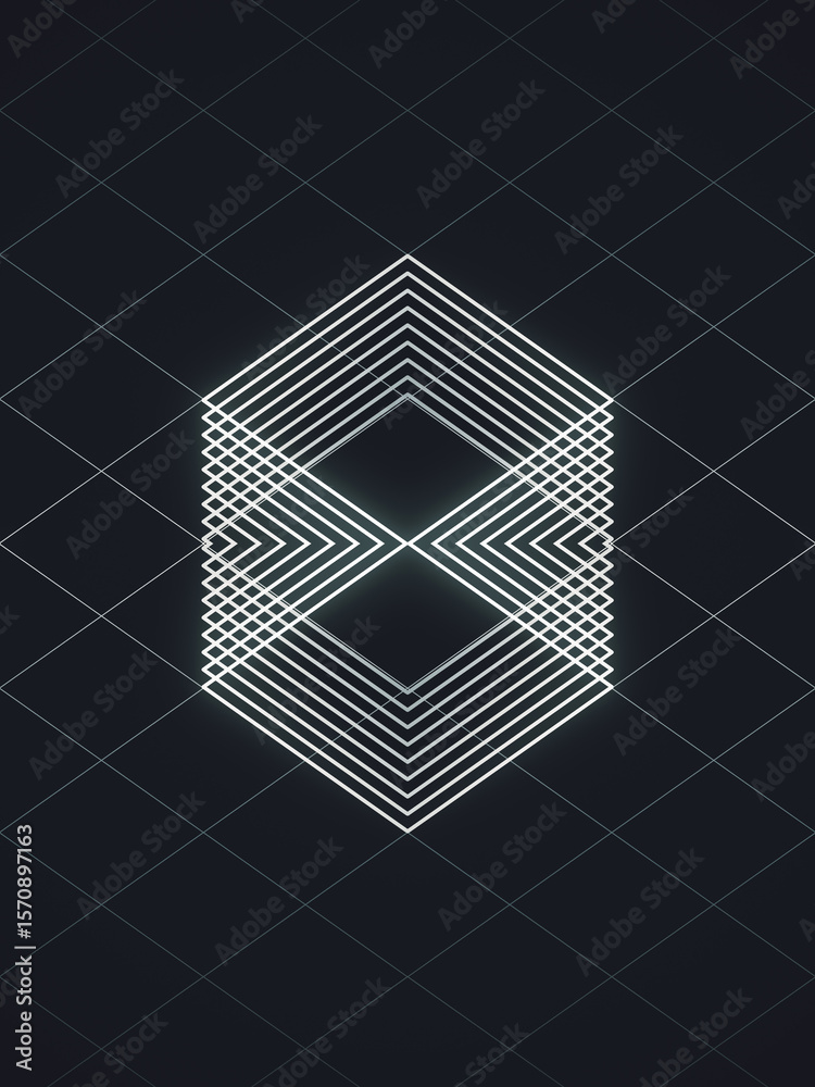 Poster abstract illustration with squares arranged in a symmetrical composition. 3d rendering