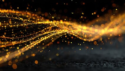 Abstract golden light streaks and bokeh effects in a dark environment