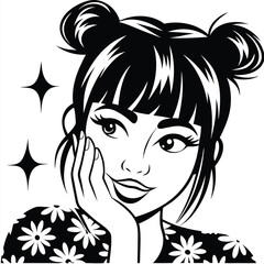 Black and white illustration features a smiling woman with trendy hair and flowered top