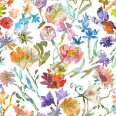 Seamless floral pattern with watercolor flowers. Botanical wallpaper with hand drawn flowers and leaves.