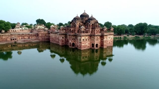 The chhatri of madho rao scindia i reflects in the still waters of a lake, showcasing the rich architecture and historical significance of shivpuri, india