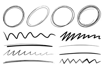 Hand drawn doodle elements in black ink with scribble and line shapes