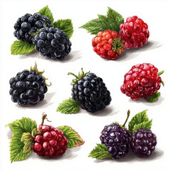 Vibrant Blackberries and Raspberries Illustration , white background cut out PNG