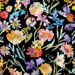Seamless floral pattern with watercolor flowers. Botanical wallpaper with hand drawn flowers and leaves.