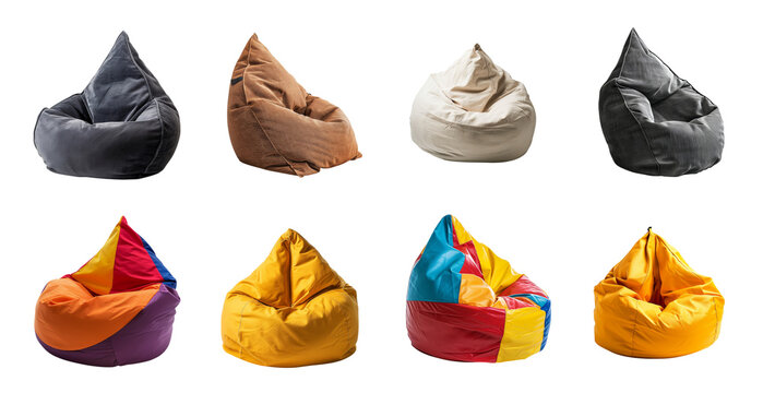 Collection of colorful bean bag chairs isolated a transparent background 