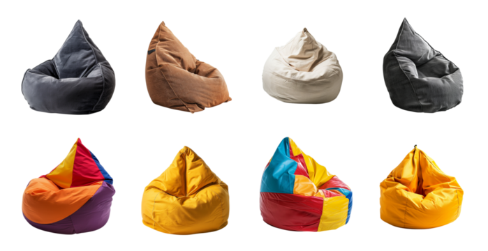Collection of colorful bean bag chairs isolated a transparent background 
