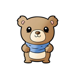Cute cartoon teddy bear with blue scarf. Adorable childish character for kid design. Sweet toy animal illustration on transparent background.