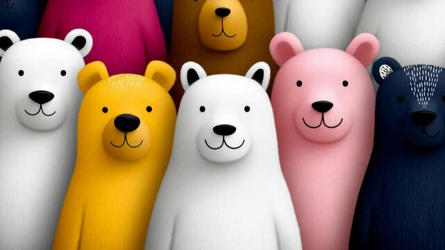 Group of bears are standing in a row, with some of them being white, pink, and yellow. The bears are all smiling, creating a cheerful and friendly atmosphere