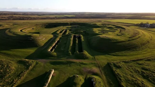 The ancient earthworks of navan fort, ireland, unfold across a green landscape, revealing a rich celtic heritage and archaeological significance from an aerial perspective